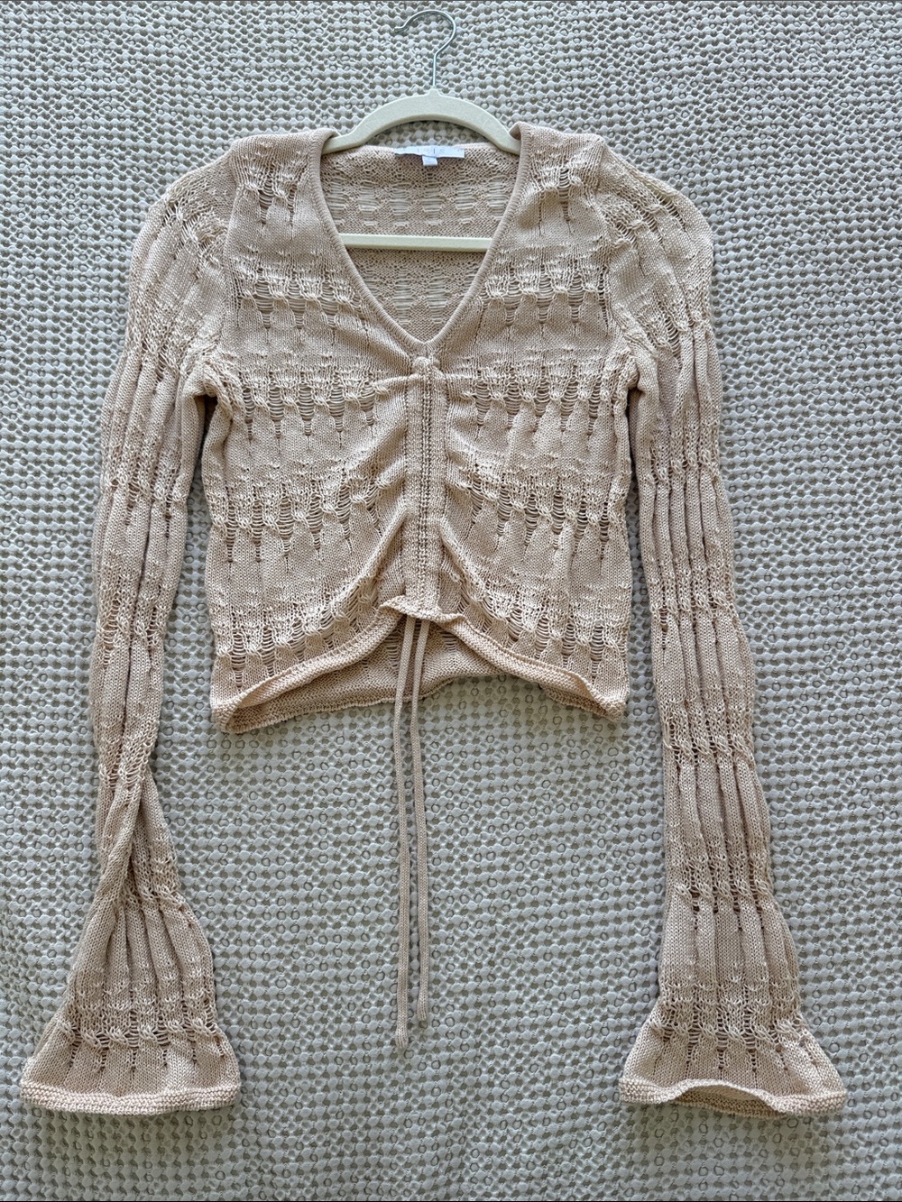 iris Beige Drawstring V-Neck Crochet Knit Sweater